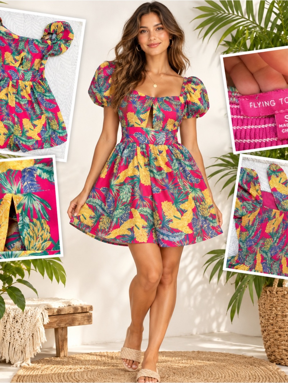 Flying Tomato Pink Tropical Puff Sleeve Cutout Mini Skort Dress S